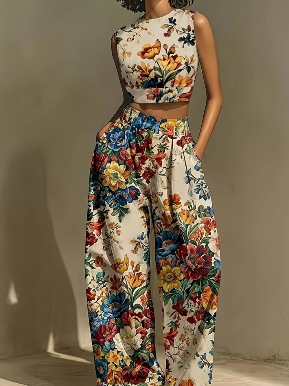 Floral Wide-Leg High-Waist Pants And Crop Top Set